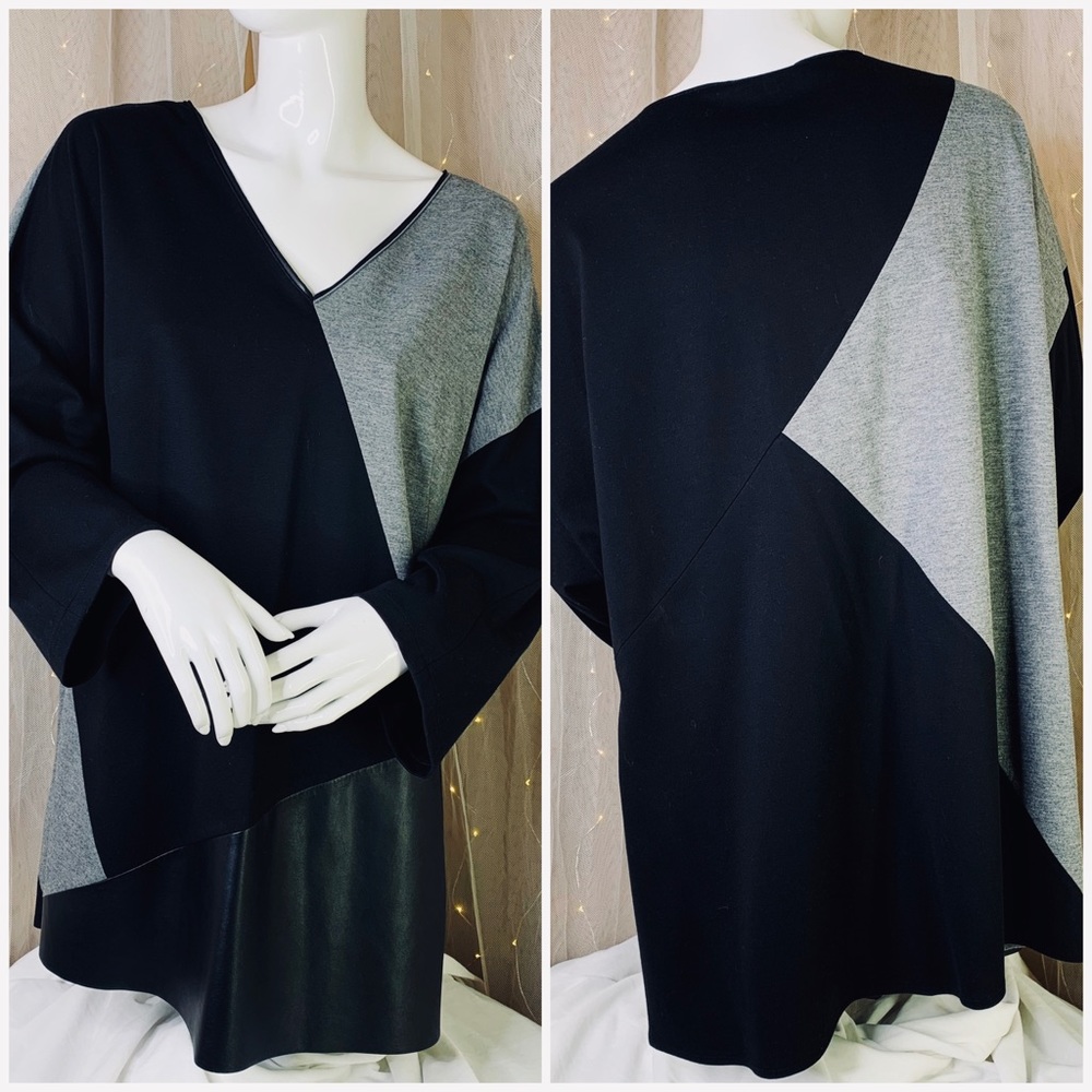 Lafayette 148 New York Black & Gray V-Neck Colorblock Tunic